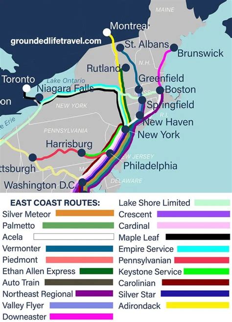 a map showing the routes to new york and east coast towns in different colors, including blue ...