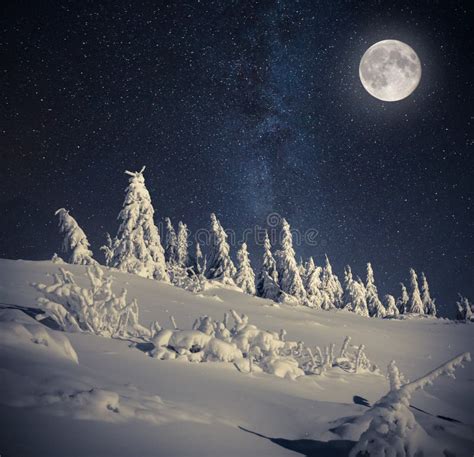 Full Moon in Night Sky in Winter Mountains Stock Photo - Image of ...