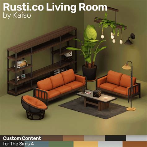 a living room with orange couches and green plants in the corner, along with other furniture