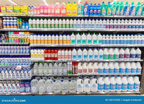 Household Cleaning Detergents, Ammonia, Bleach, Alcohol. Full Shelves ...