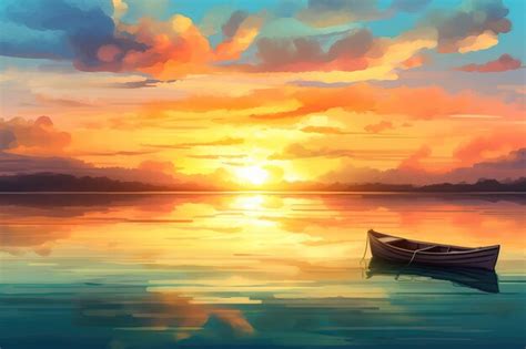 Premium Photo | A painting of a boat on a lake with a sunset in the background.