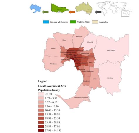 The spatial location of the Melbourne LGAs and their population density. | Download Scientific ...