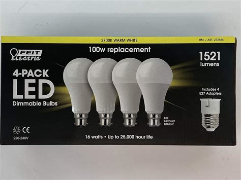 Feit Electric LED 2700K Warm White Bulbs 100w Replacement (16 watts) Dimmable Pack of 4 B22 with ...
