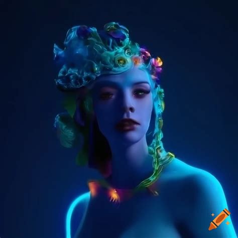 Eclectic beauty with glowbow sculptural costumes under a blue sky with ...