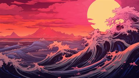 Ocean Wave Sunset Japanese Art 4K #8761m Wallpaper PC Desktop