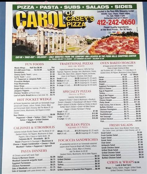 Online Menu of Carol of Caseys Pizza Shop Restaurant, Penn Hills ...