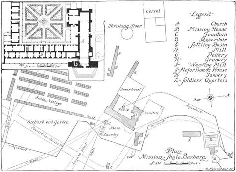 Plan of Mission Santa Barbara with a detail of the central quadrangle ...