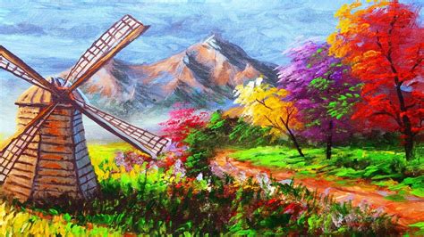 Easy Landscape with Windmill Painting Tutorial Techniques | Basic ...