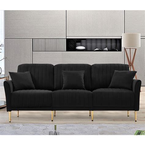 Black Velvet Sofa, 82"L 3-Seater Sofa Couch, Velvet Upholstered Sofa ...