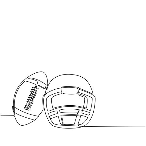 Single continuous line drawing American football helmet and ball isolated on white background ...