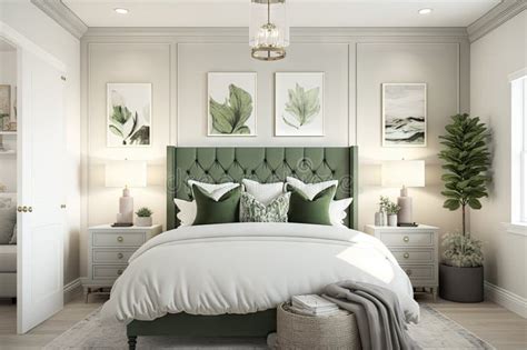 Master Bedroom, Featuring White Walls and Sage Green Accents for a ...