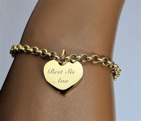 Engraved Gold Heart Charm Bracelet | Etsy