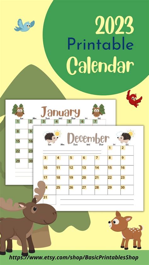 2023 Printable Calendar Baby Animals, Woodland Animals, Monthly ...