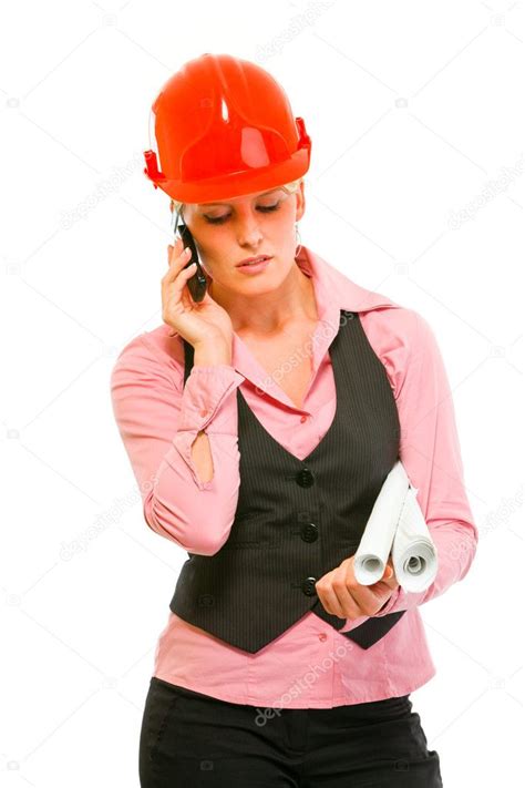 Modern architect woman with flip chart speaking mobile — Stock Photo © CITAlliance #8634455