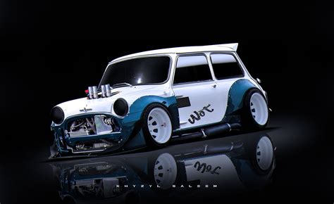 Classic white and blue custom Mini Cooper, car, artwork, Mini Cooper ...