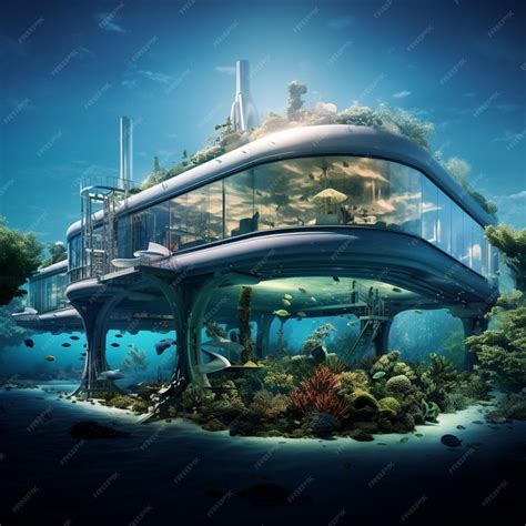 Premium AI Image | futuristic underwater house with a glass balcony and a fish tank generative ai