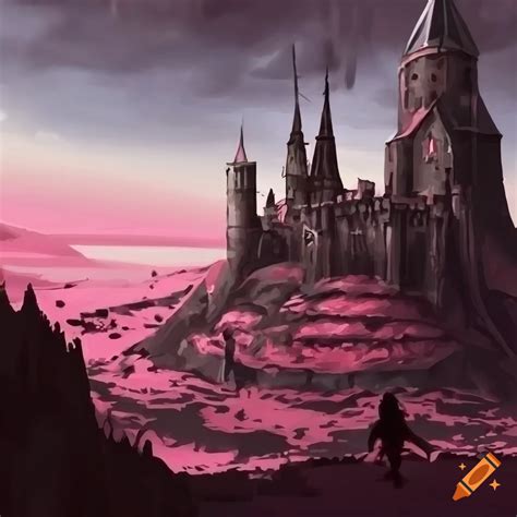 Dark fantasy knight walking towards a castle in pink desert on Craiyon