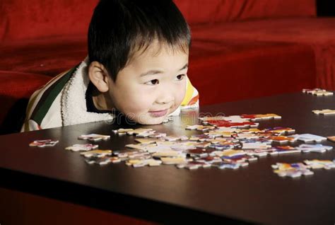 Boy playing puzzle game stock photo. Image of face, play - 7710060