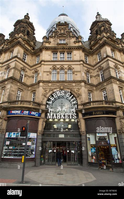 Facade of Kirkgate Market in Leeds, UK. The indoor market is part of Leeds City Markets Stock ...