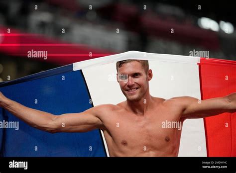 Kevin Mayer, of France, celebrates after winning the silver medal in the decathlon at the 2020 ...