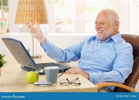 Laughing Old Man Using Laptop Stock Image - Image of contemporary, good: 30317501