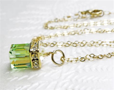 Peridot Crystal Necklace Gold Filled Green Swarovski Cube - Etsy