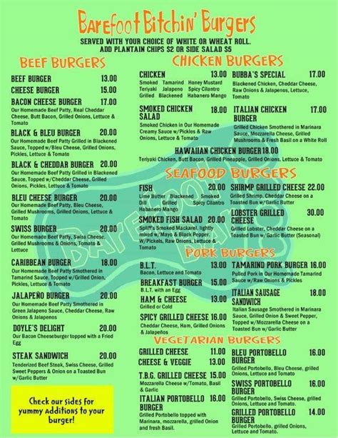 Barefoot Beach Bar food menu in Placencia, Belize on Menus.bz