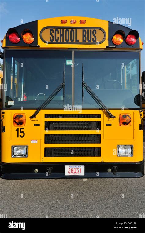 Front of yellow American school bus empty and parked Stock Photo - Alamy