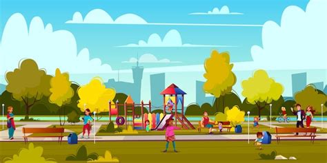 Free Vector | Vector background of cartoon playground in park with people, children playing