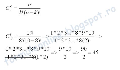 Combinari de 10 luate cate 8 | formule online probleme si exercitii rezolvate