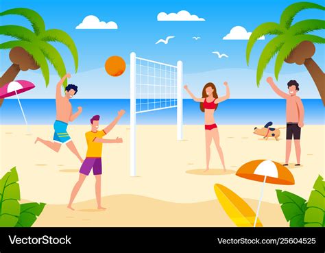 Happy cartoon people playing beach volleyball Vector Image