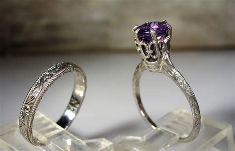 Bridal Ring Set, Victorian Wedding Rings, 14K White Gold, Amethyst Engagement Ring, Wedding Band ...