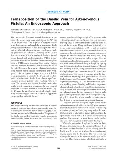 Transposition of the Basilic Vein for Arteriovenous Fistula: An