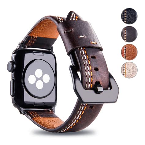 Retro Genuine Leather apple watch bands 42mm with Stainless Metal Men's ...