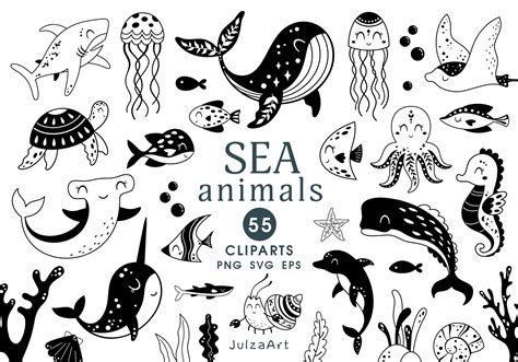 Black Sea Animals Clipart Graphic by JulzaArt · Creative Fabrica