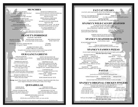 Spanky's Southside menu in Savannah, Georgia, USA