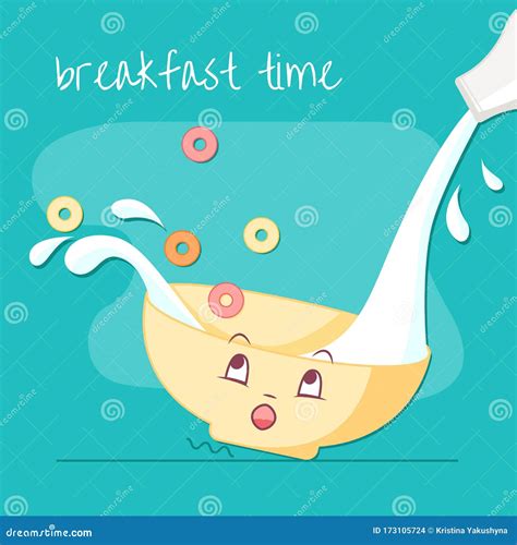 Breakfast Time. Milk Pouring from a Bottle into a Funny Bowl with Cereal Stock Illustration ...