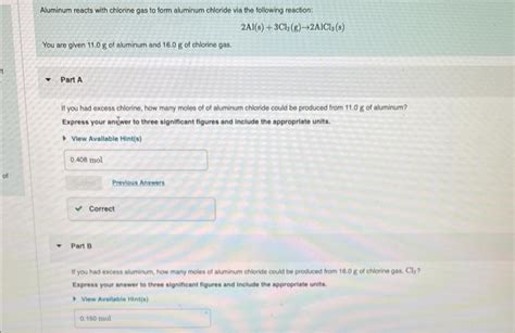 Solved Aluminum reacts with chlorine gas to form aluminum | Chegg.com