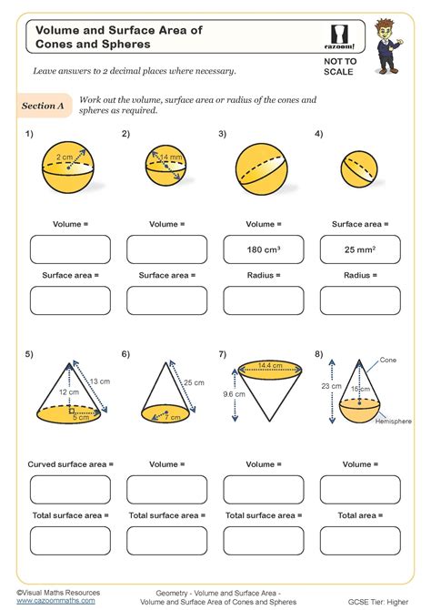 Volume and Surface Area of Cones and Spheres Worksheet | Cazoom Maths ...