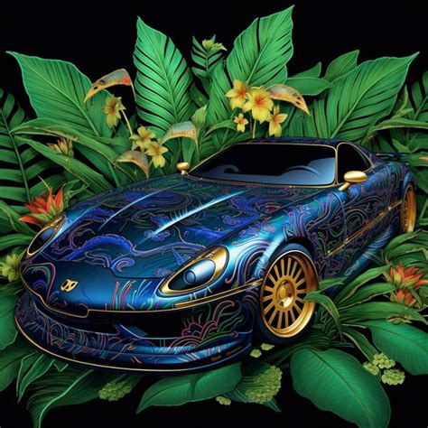 Premium AI Image | Arafed blue sports car with a floral design on the hood generative ai