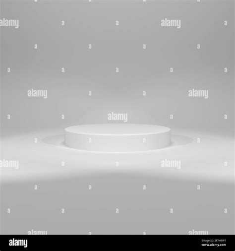 3D rendering of white round pedestal on white background with two spot lights. High resolution ...