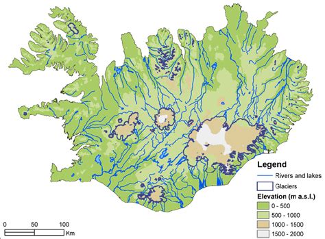 A topographic map of Iceland with the main river systems and glaciated ...