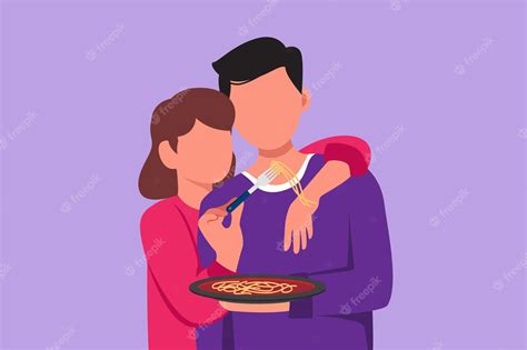 Premium Vector | Character flat drawing romantic woman feeding husband with italian pasta or ...