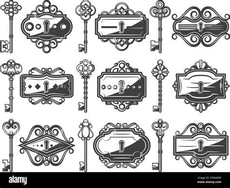 Antique metal keyholes set with ornamental old keys in vintage style isolated vector ...