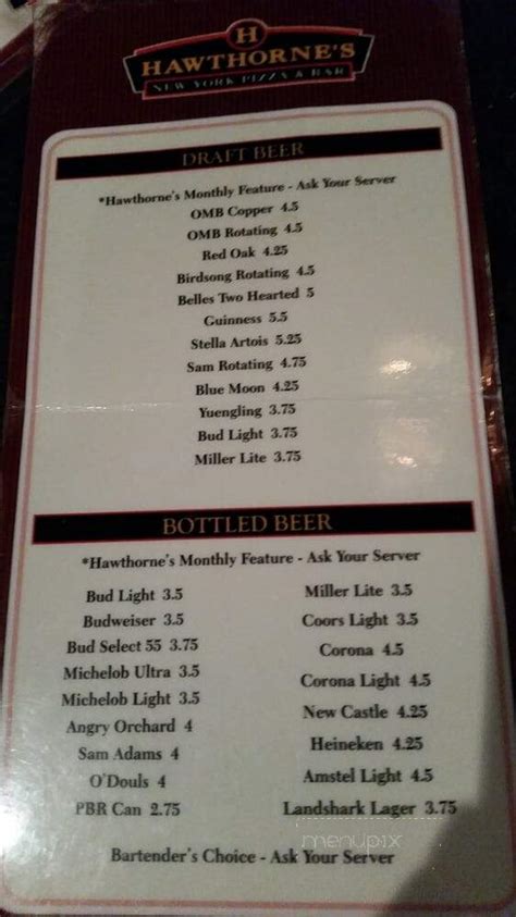 Menu of Hawthorne's NY Pizza & Bar in Mint Hill, NC 28227