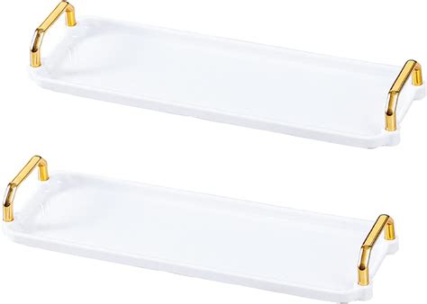 Amazon.com: 2 Pack Plastic Serving Tray with Gold Handle, 12 x 4 inch White Decorative Tray with ...