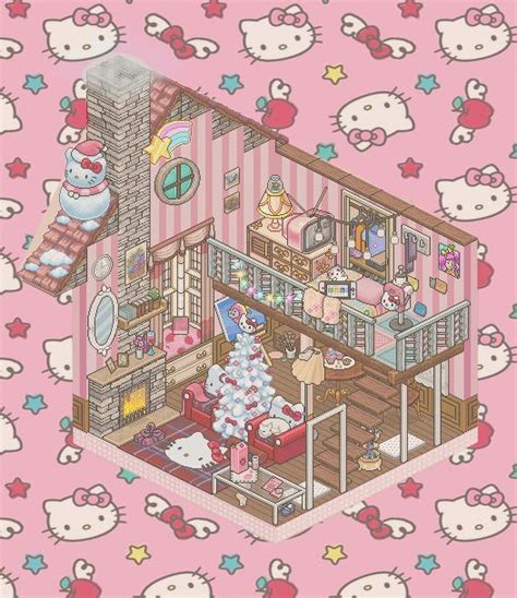 the interior of a house with hello kitty wallpaper