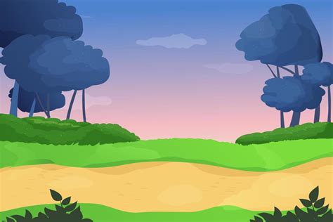 Game level background, magic road and fantasy landscape in cartoon style. road, green field and ...