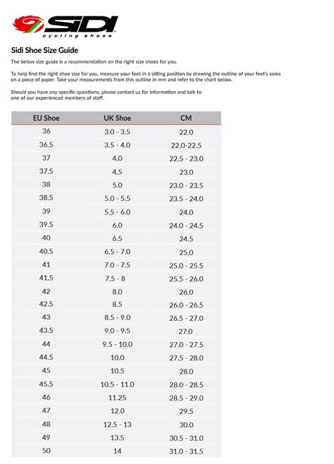 Sidi Cycling Shoes Size Chart