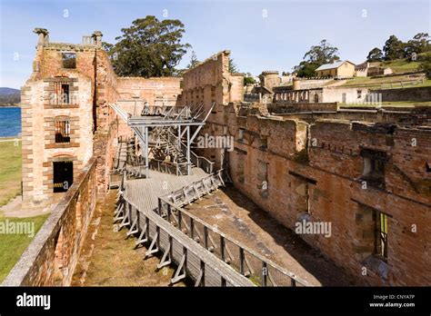 The ruins of Port Arthur Penitentiary, Tasmania, Australia. A walkway for tourists has been ...